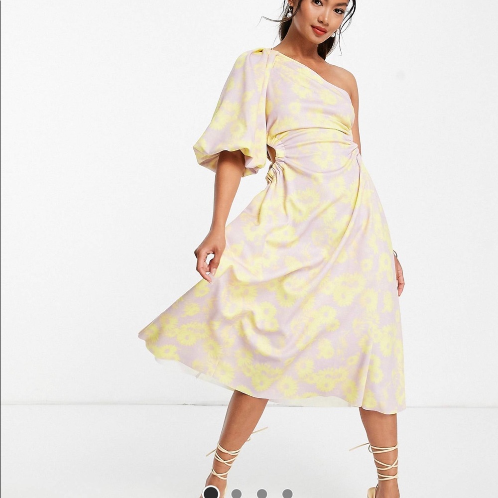 One shoulder puff sleeve cut out sides midi skater dress
